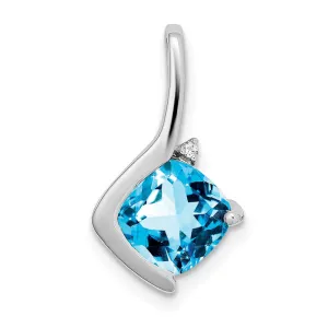 14k White Gold Cushion Blue Topaz and Diamond Pendant