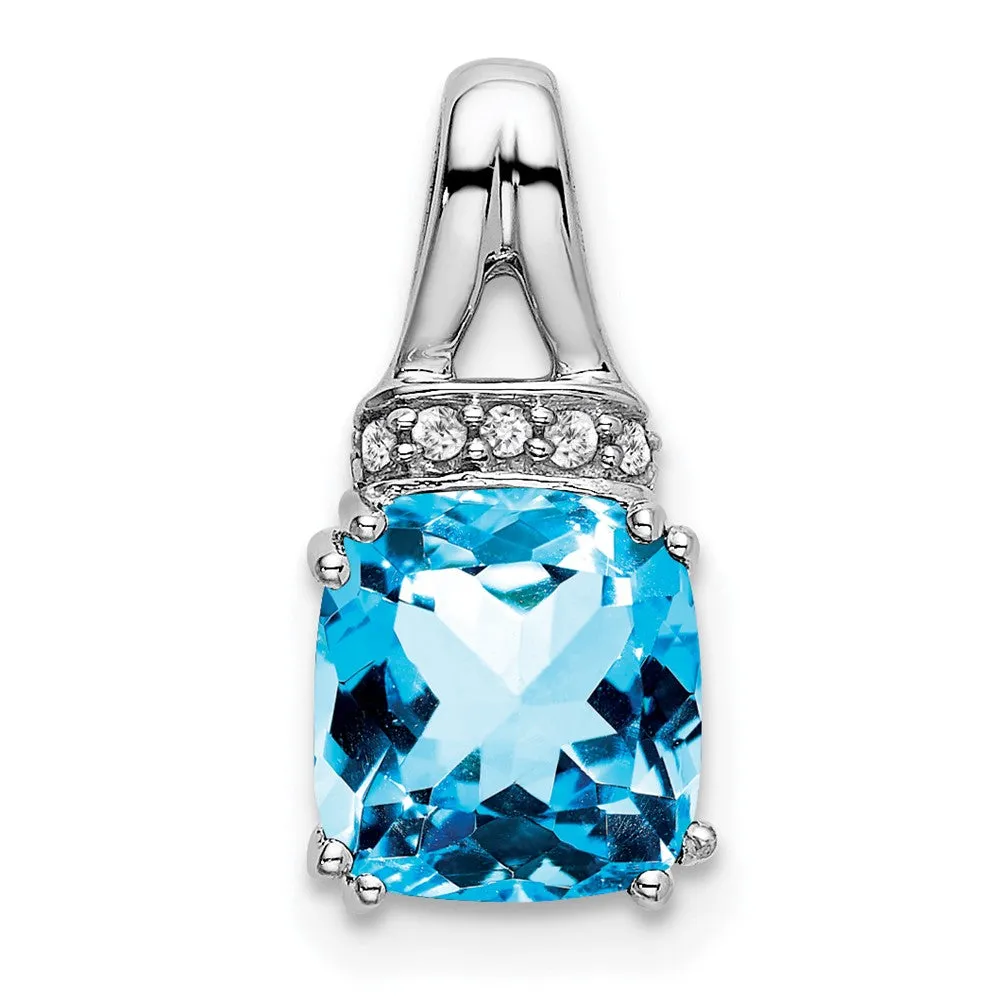 14k White Gold Cushion Blue Topaz and Diamond Pendant