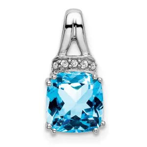 14k White Gold Cushion Blue Topaz and Diamond Pendant