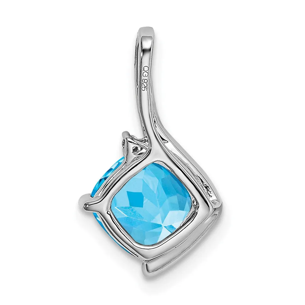 14k White Gold Cushion Blue Topaz and Diamond Pendant