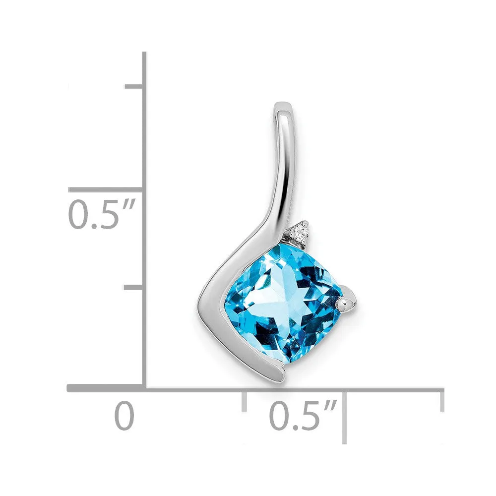 14k White Gold Cushion Blue Topaz and Diamond Pendant