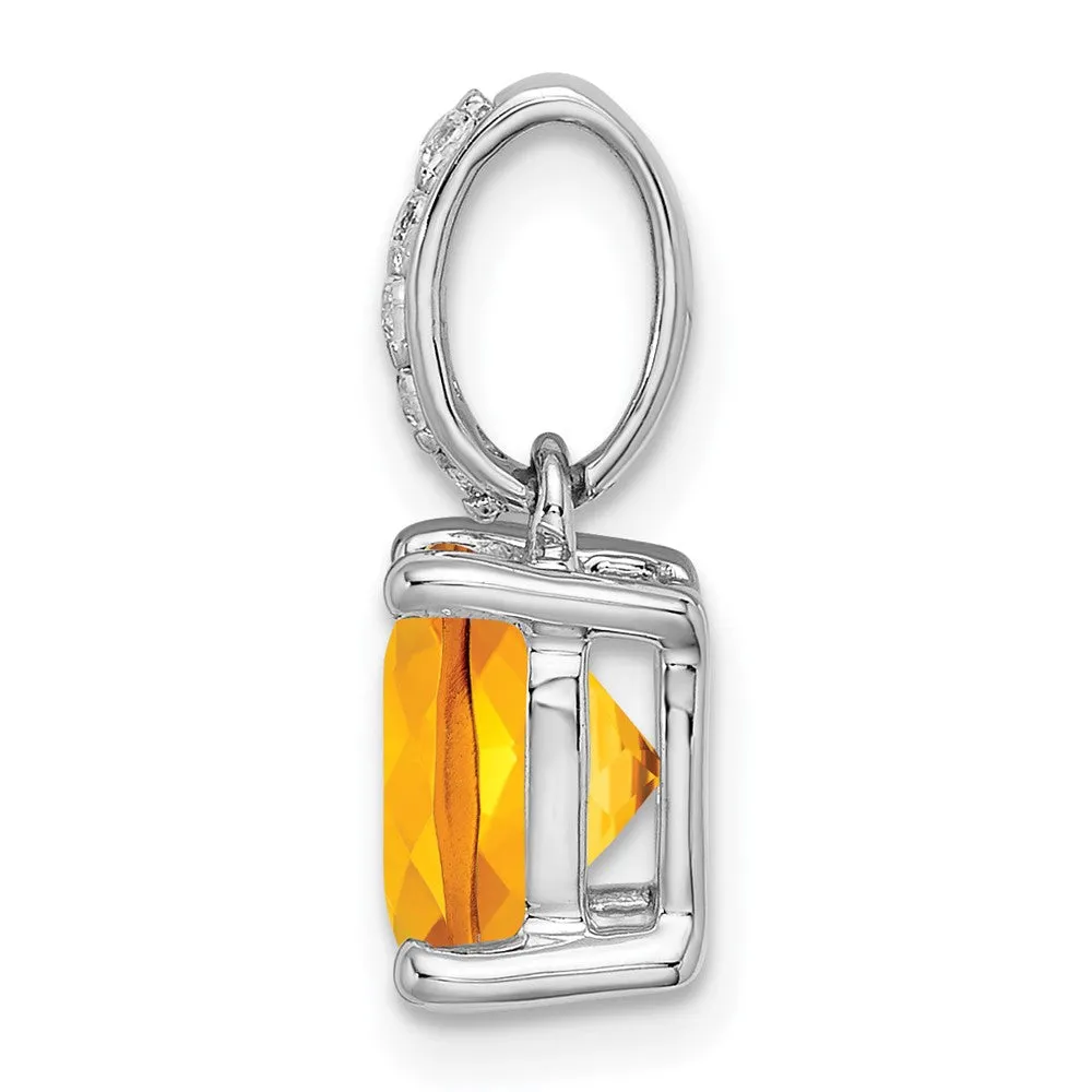 14k White Gold Cushion Citrine and Diamond Pendant