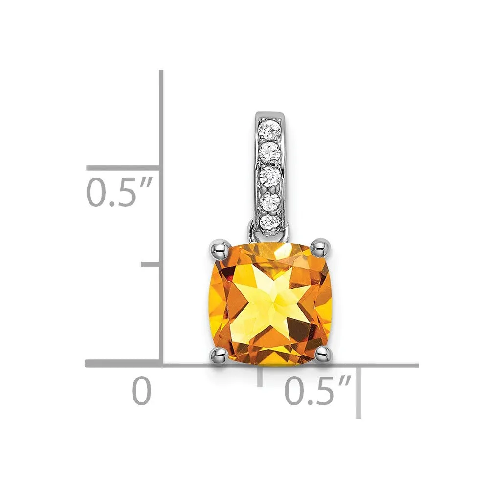 14k White Gold Cushion Citrine and Diamond Pendant