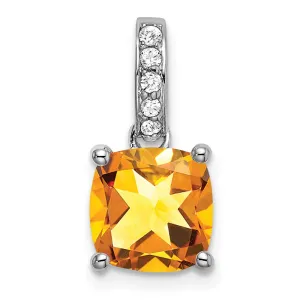 14k White Gold Cushion Citrine and Diamond Pendant