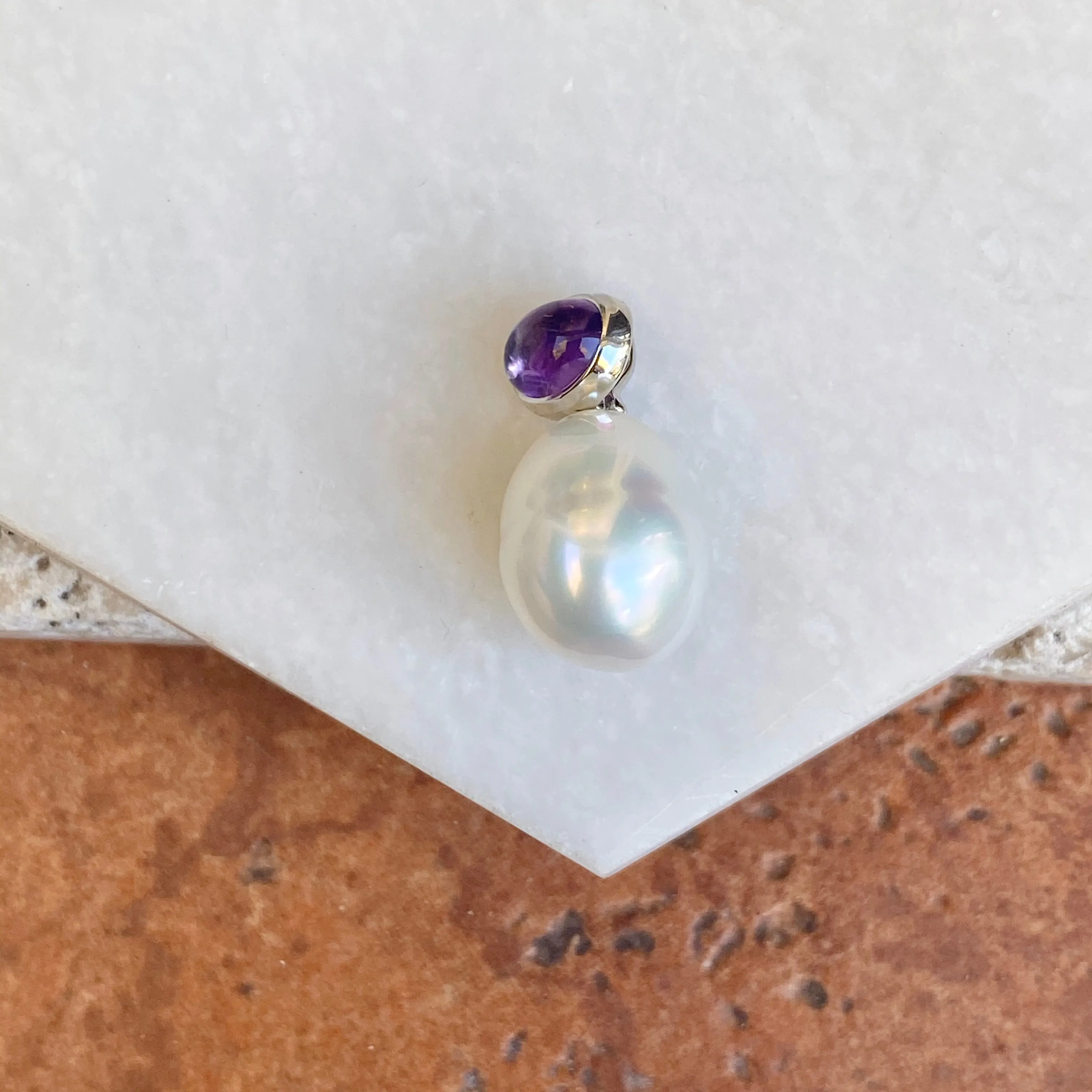 14KT White Gold Cabochon Amethyst   11mm Paspaley South Sea Pearl Pendant Slide #1