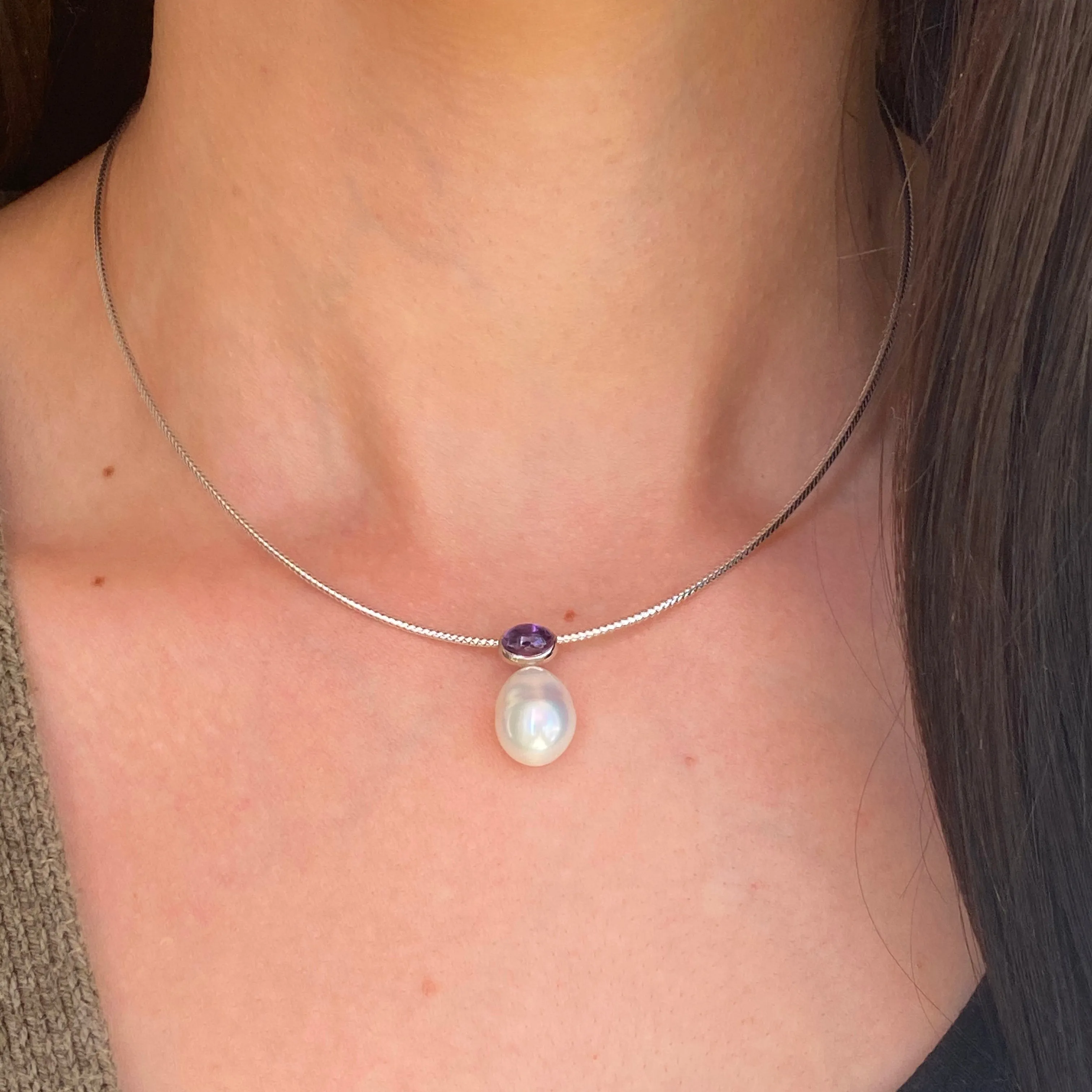 14KT White Gold Cabochon Amethyst   11mm Paspaley South Sea Pearl Pendant Slide #1