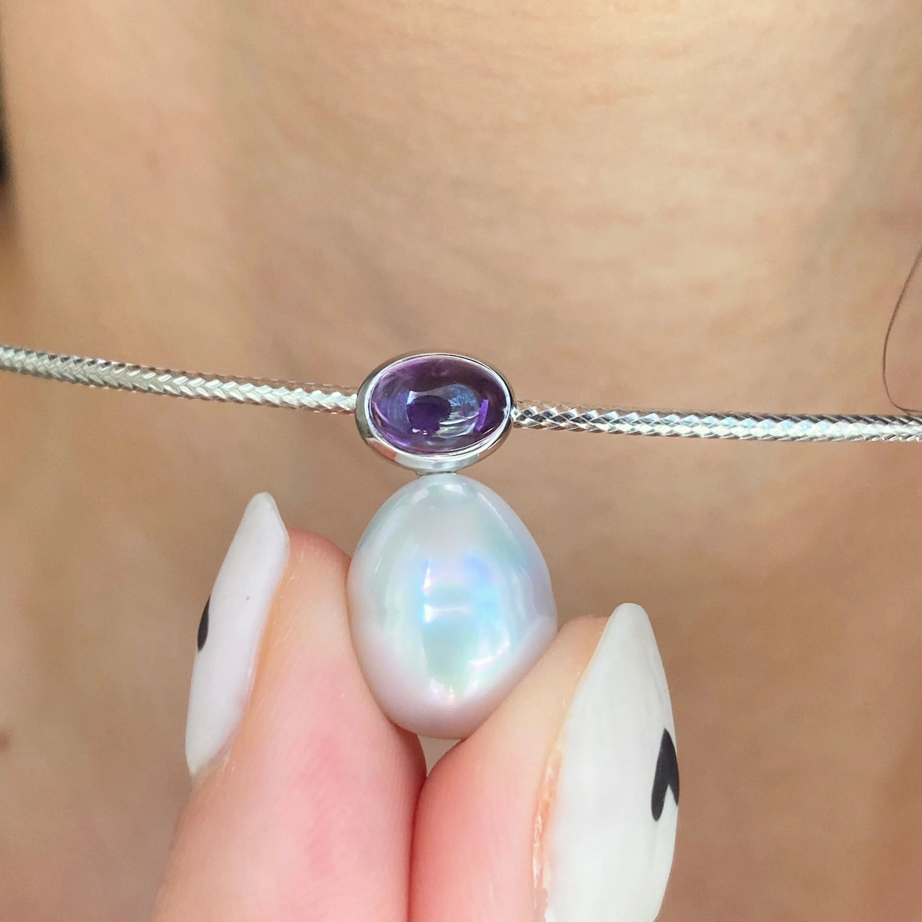 14KT White Gold Cabochon Amethyst   11mm Paspaley South Sea Pearl Pendant Slide #1