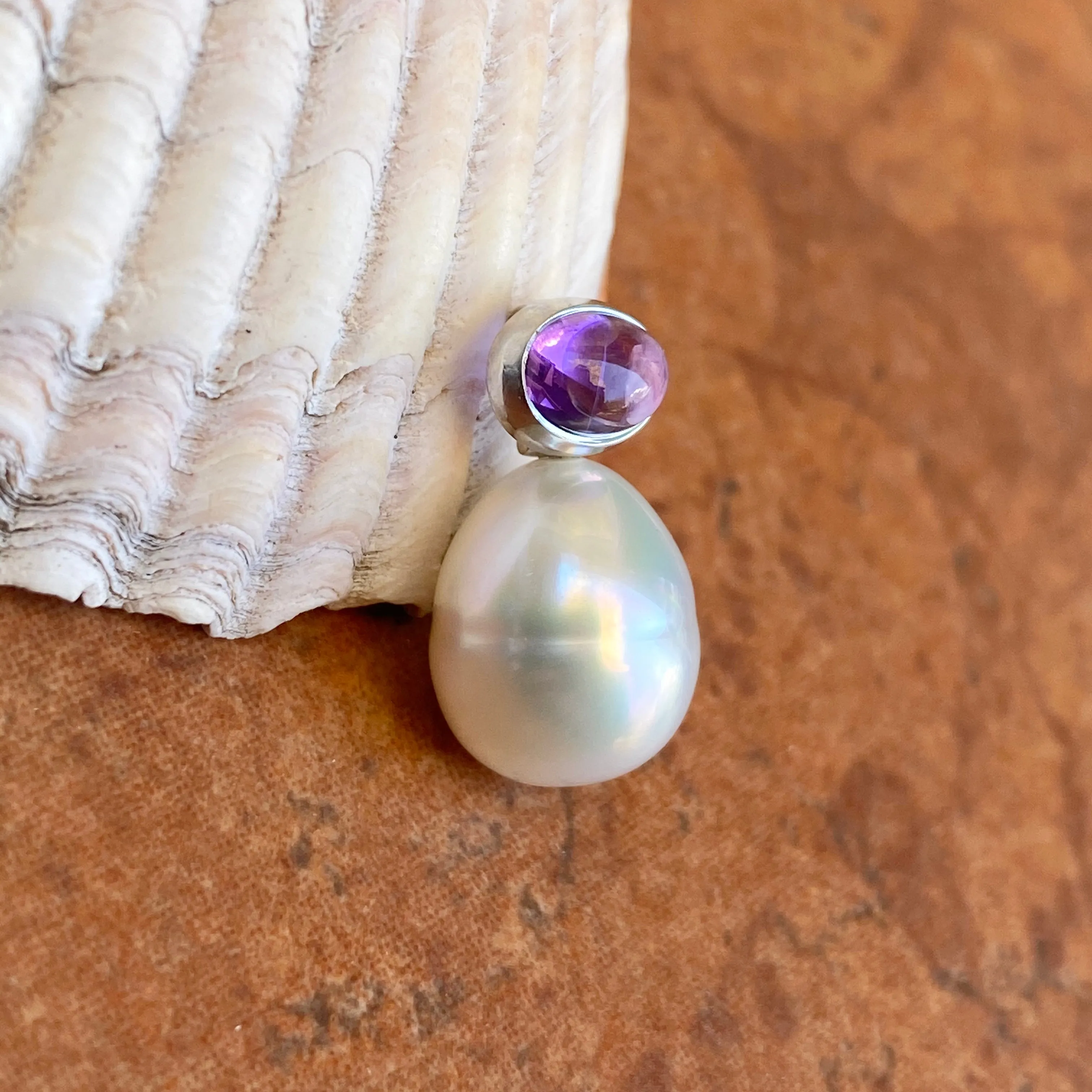 14KT White Gold Cabochon Amethyst   11mm Paspaley South Sea Pearl Pendant Slide #1