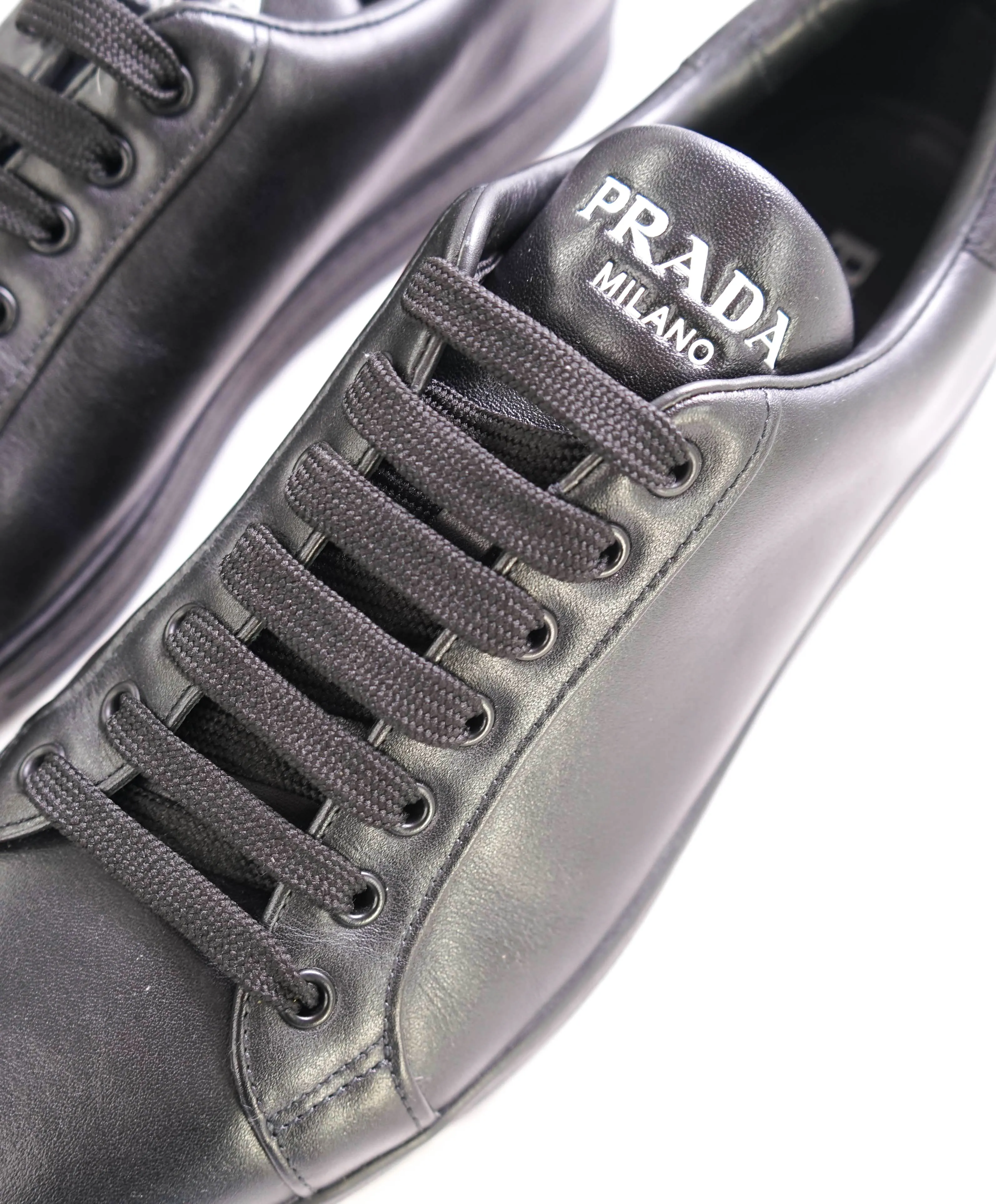 $850 PRADA - Black Leather Sneakers With Logo Detail - 10 US (9 IT)