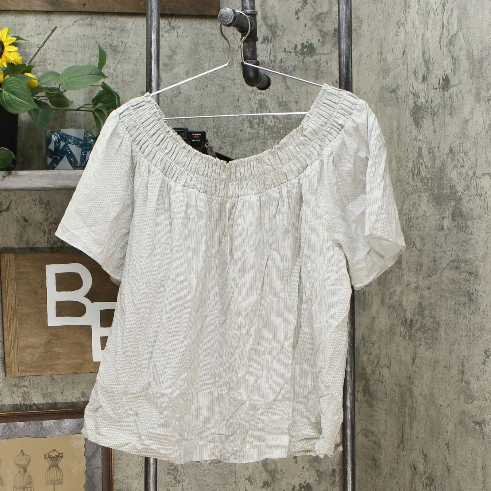 A New Day Women's Striped Short Sleeve Smocked Yoke Top