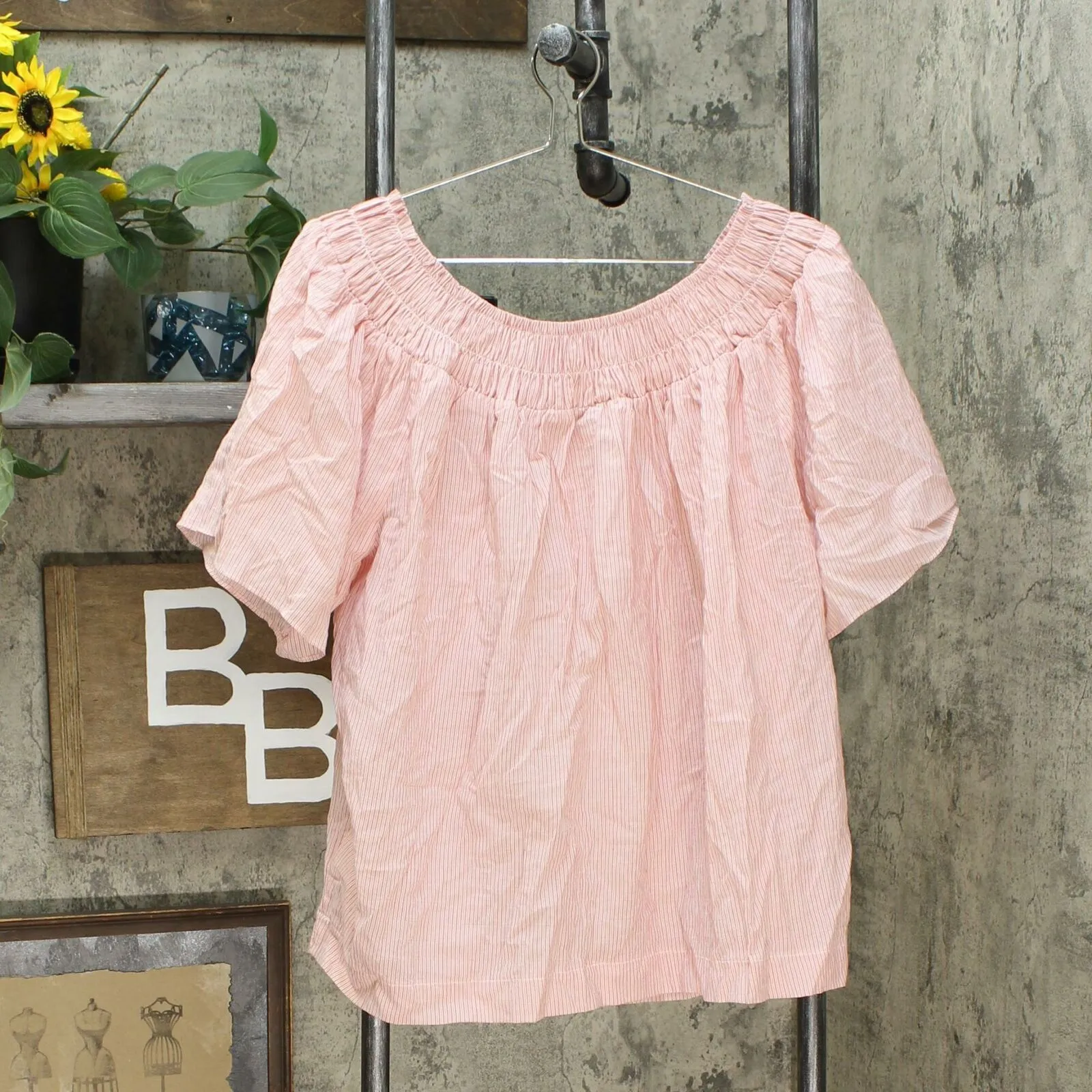 A New Day Women's Striped Short Sleeve Smocked Yoke Top