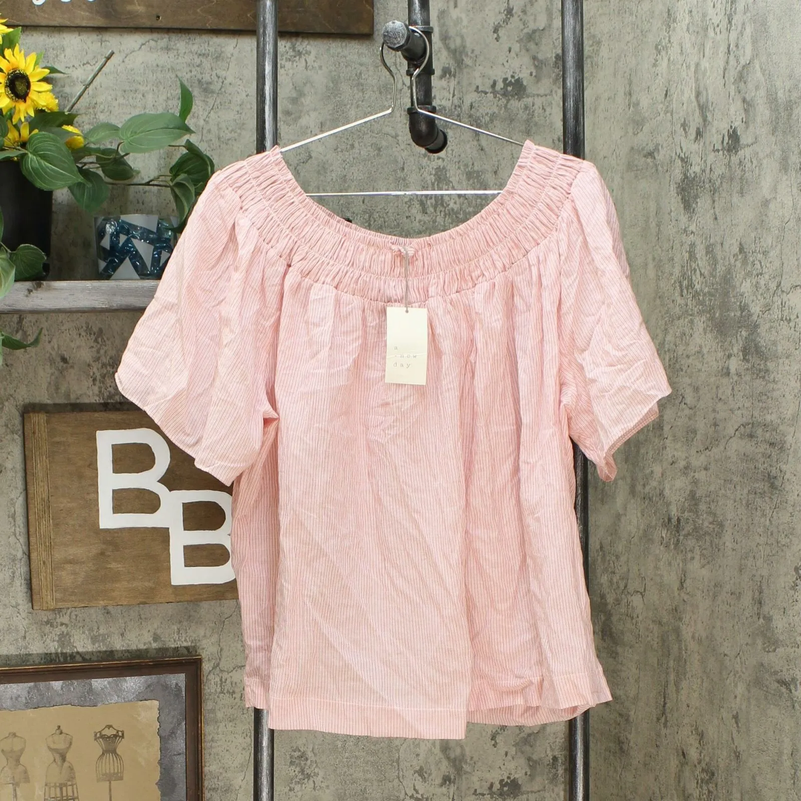 A New Day Women's Striped Short Sleeve Smocked Yoke Top