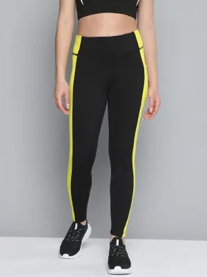 Alcis Women Black Yellow Colorblocked Sports Tights