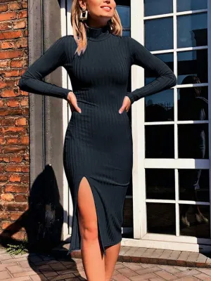 Autumn and Winter High Collar Dress Slim Slit Dress
