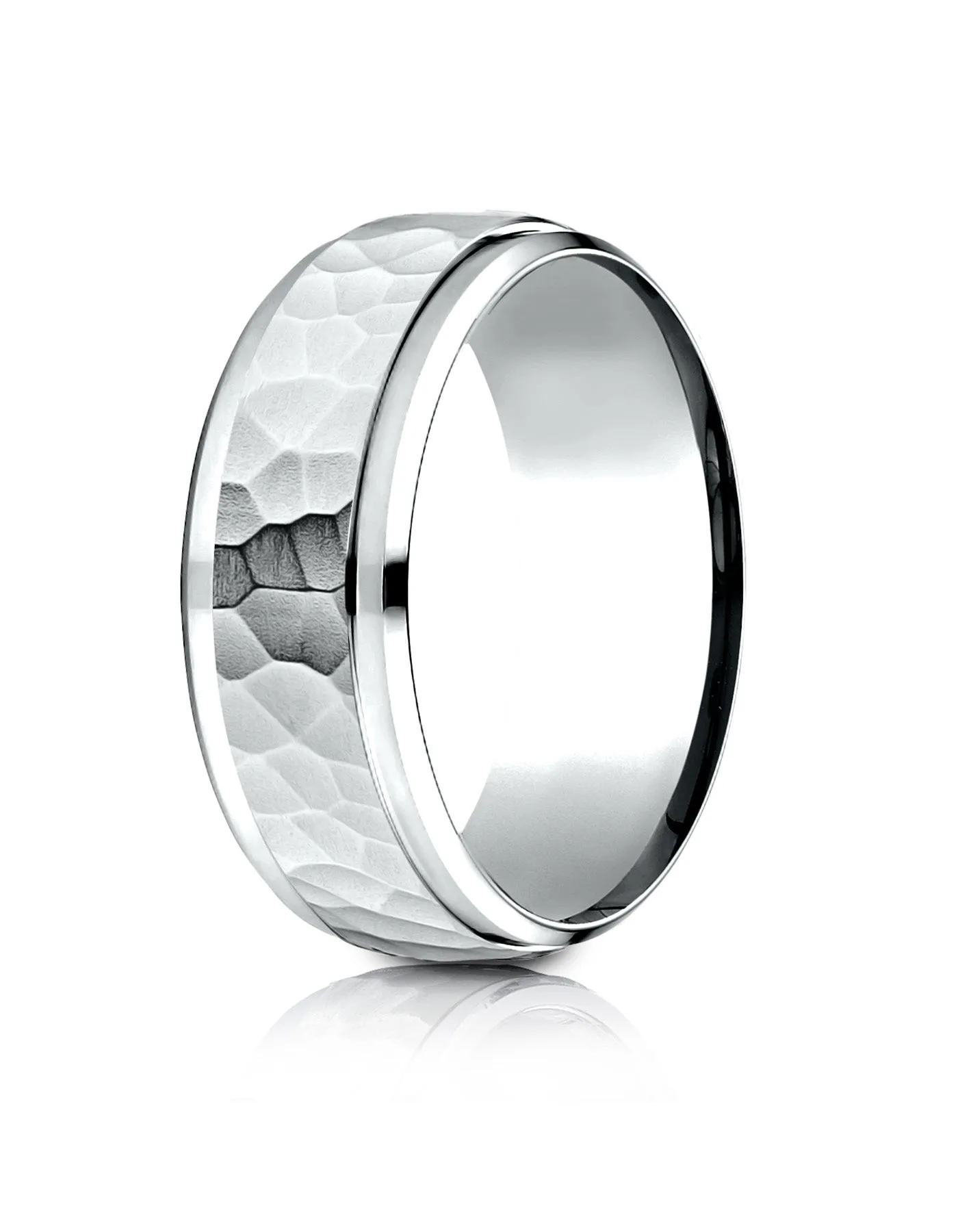 Benchmark 10k White Gold 8mm Comfort-Fit Drop Bevel Hammered Finish Design Band, (Sizes 4-15)