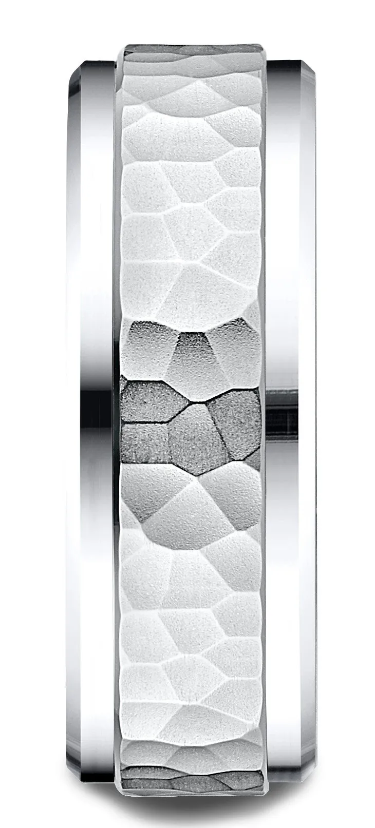 Benchmark 10k White Gold 8mm Comfort-Fit Drop Bevel Hammered Finish Design Band, (Sizes 4-15)