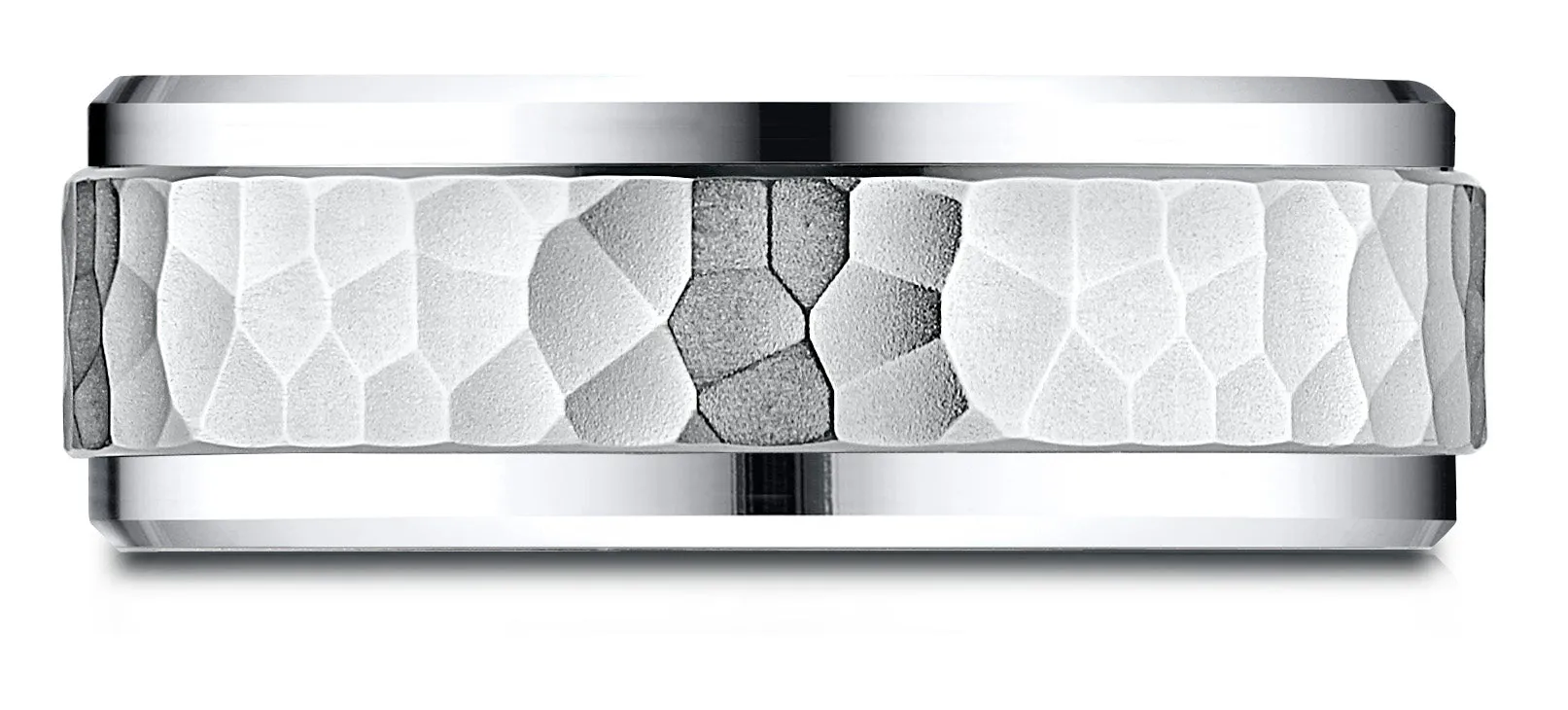 Benchmark 10k White Gold 8mm Comfort-Fit Drop Bevel Hammered Finish Design Band, (Sizes 4-15)