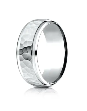Benchmark 10k White Gold 8mm Comfort-Fit Drop Bevel Hammered Finish Design Band, (Sizes 4-15)