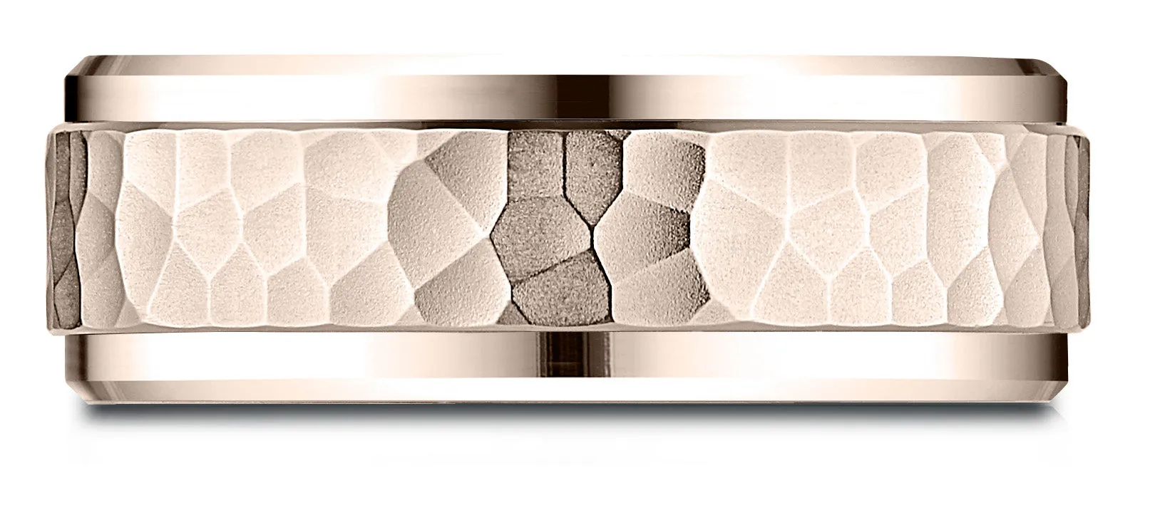 Benchmark 14k Rose Gold 8mm Comfort-Fit Drop Bevel Hammered Finish Design Band, (Sizes 4-15)