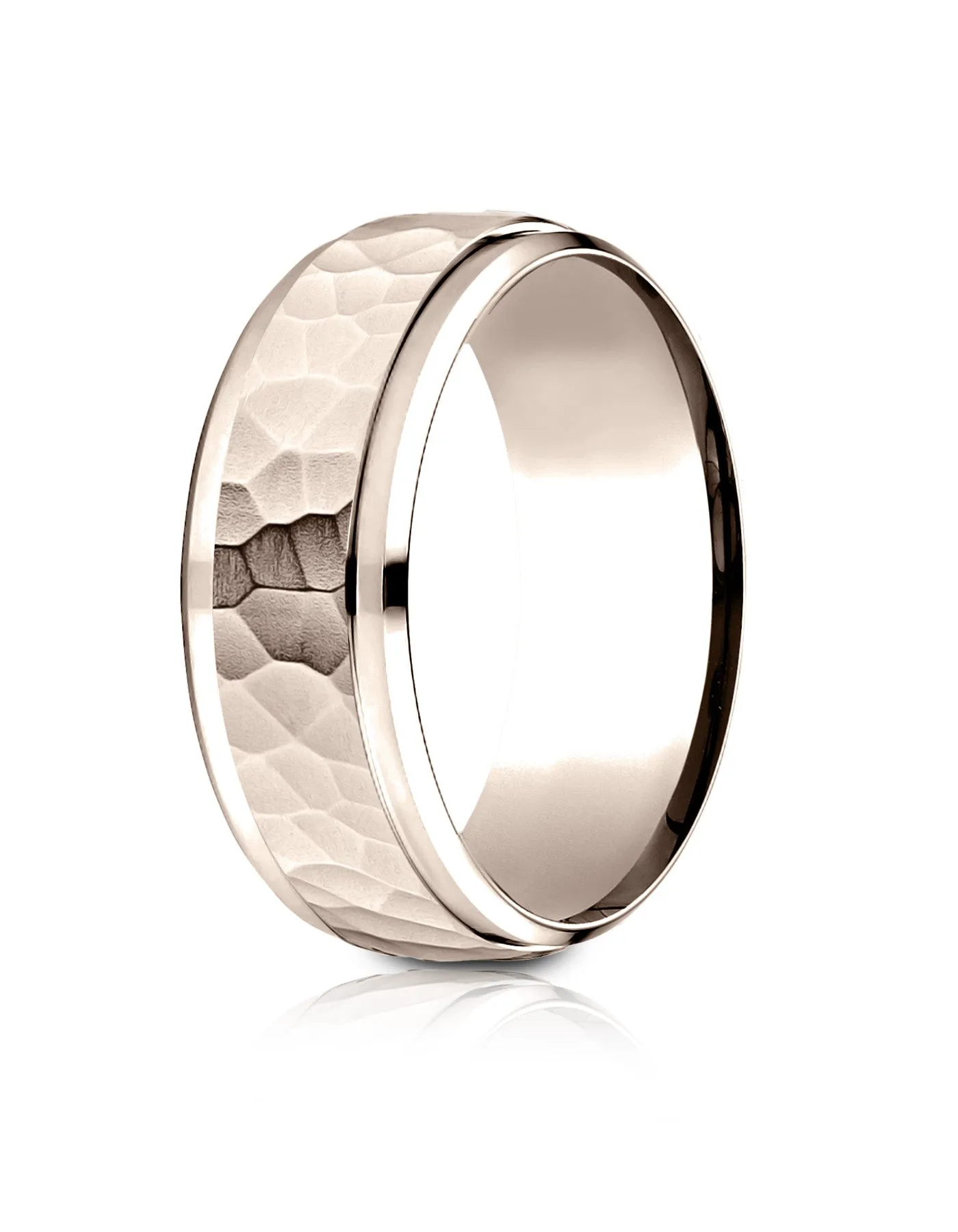 Benchmark 14k Rose Gold 8mm Comfort-Fit Drop Bevel Hammered Finish Design Band, (Sizes 4-15)