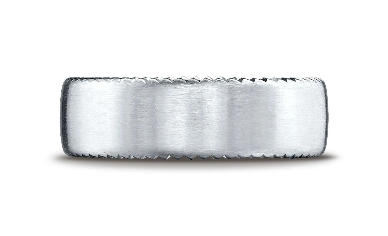 Benchmark 14K White Gold 7.5mm Comfort-Fit Satin-Finished Rivet Coin Edging Carved Design Wedding Band