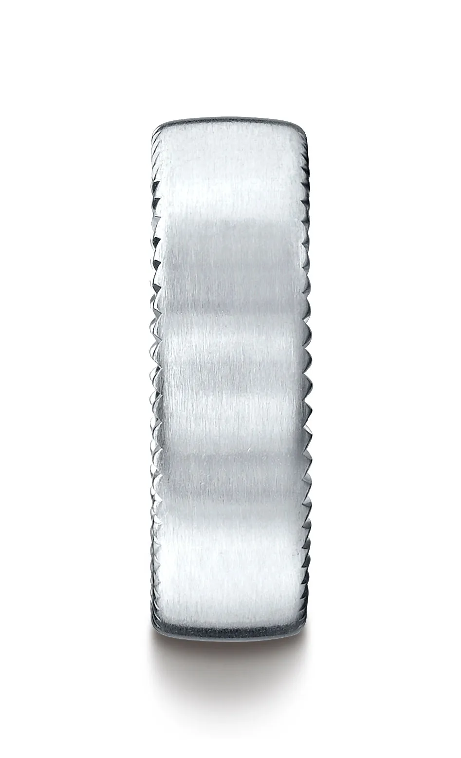 Benchmark 14K White Gold 7.5mm Comfort-Fit Satin-Finished Rivet Coin Edging Carved Design Wedding Band