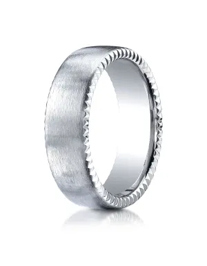 Benchmark 14K White Gold 7.5mm Comfort-Fit Satin-Finished Rivet Coin Edging Carved Design Wedding Band