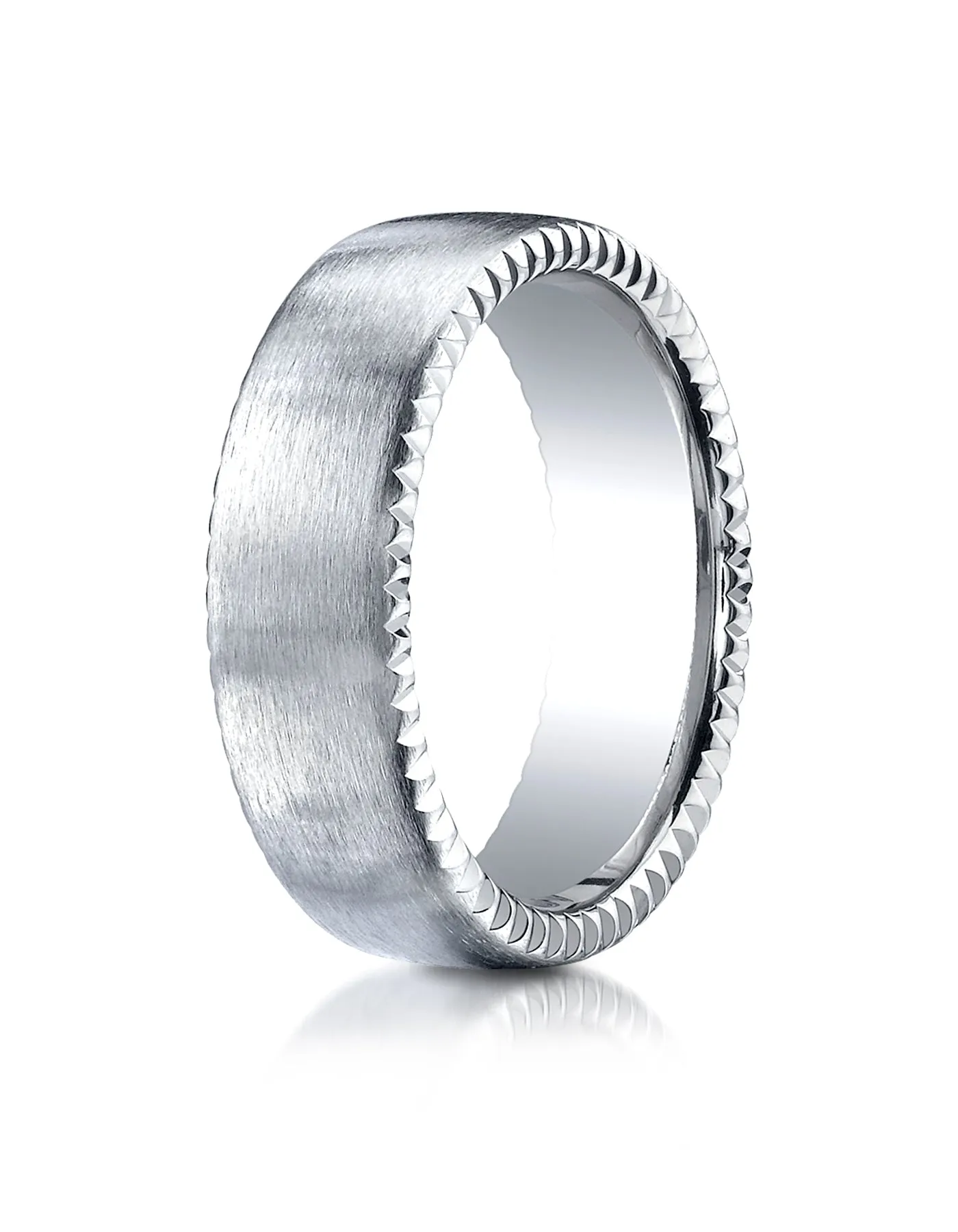 Benchmark 14K White Gold 7.5mm Comfort-Fit Satin-Finished Rivet Coin Edging Carved Design Wedding Band