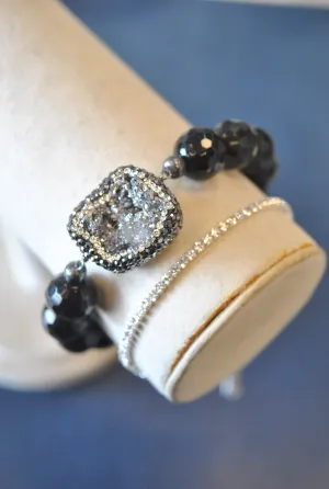 BLACK ONYX SILVER DRUZY AND SWAROVSKI CRYSTALS STRETCHY BRACELET SET