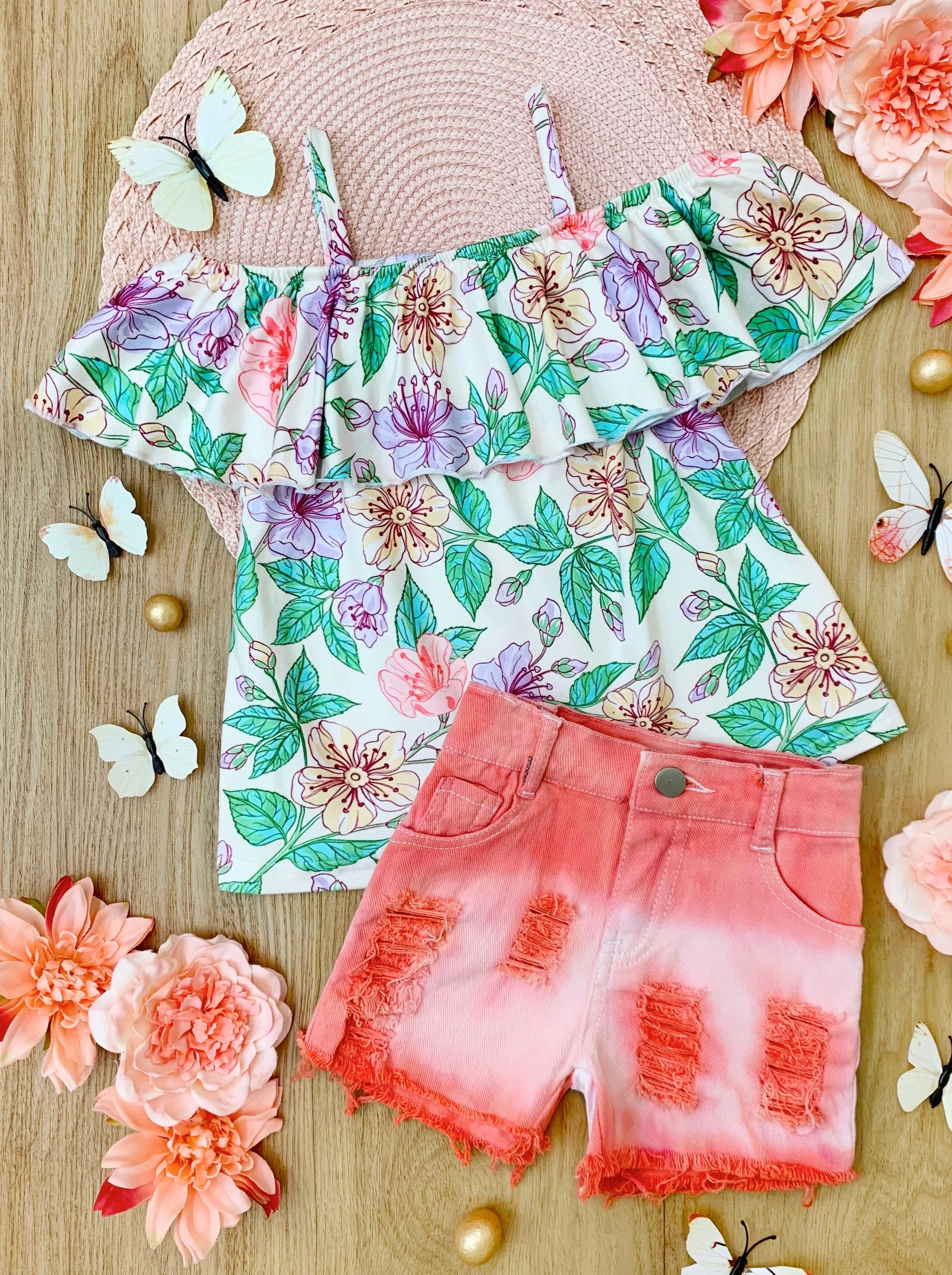 Blossom Dream Ombre Denim Shorts Set