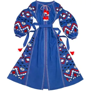 Blue Boho style Kaftan with embroidery