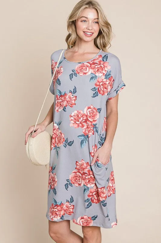 BOMBOM Floral Round Neck Short Tee Dress with Pockets