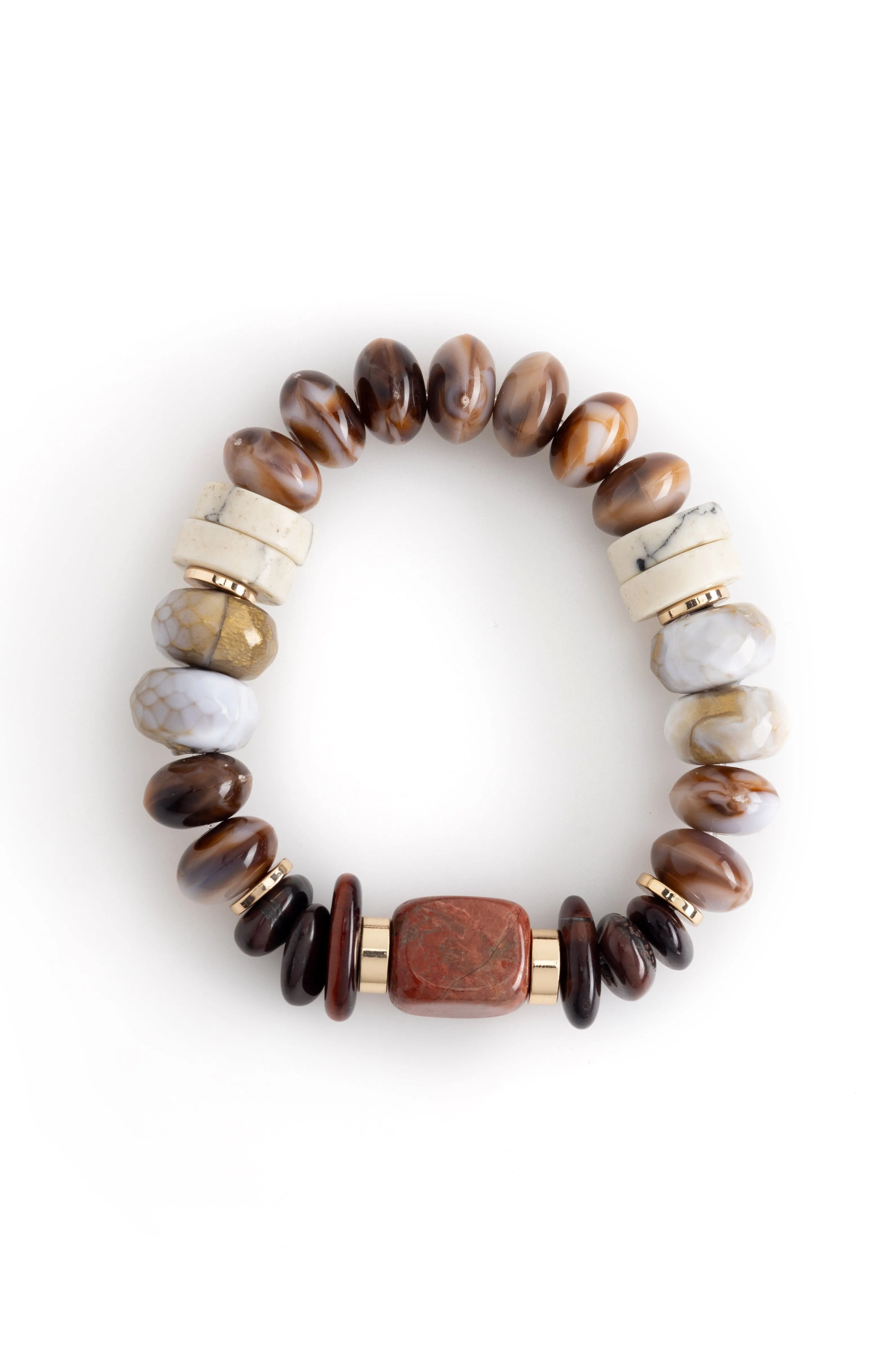 Brown White Beaded Stretchy Bracelet