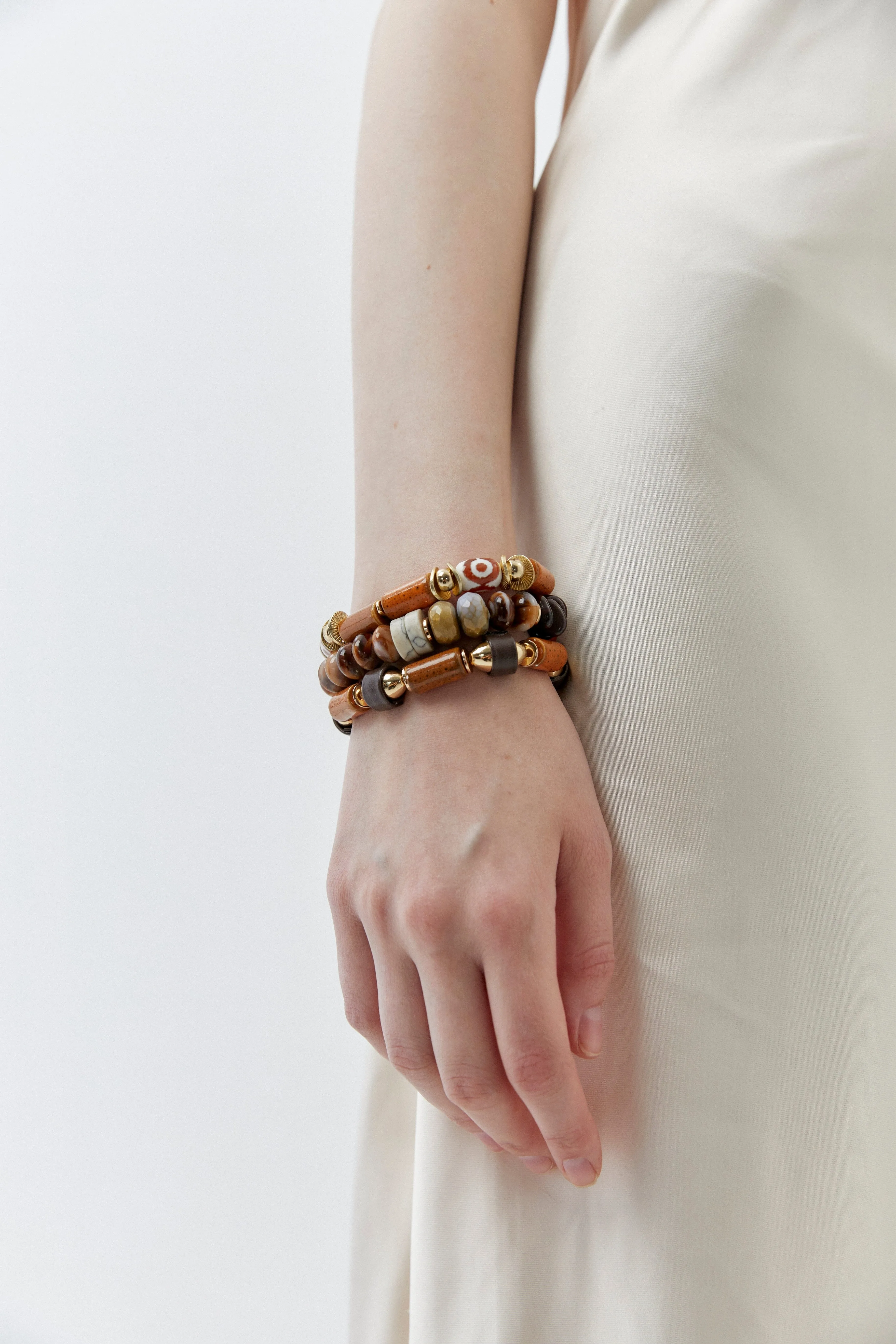 Brown White Beaded Stretchy Bracelet