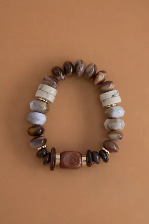 Brown White Beaded Stretchy Bracelet
