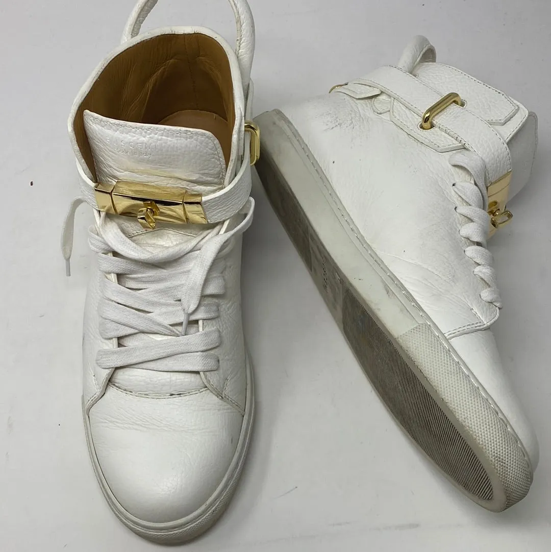 BUSCEMI White Leather Sneaker with Gold Lock and Key