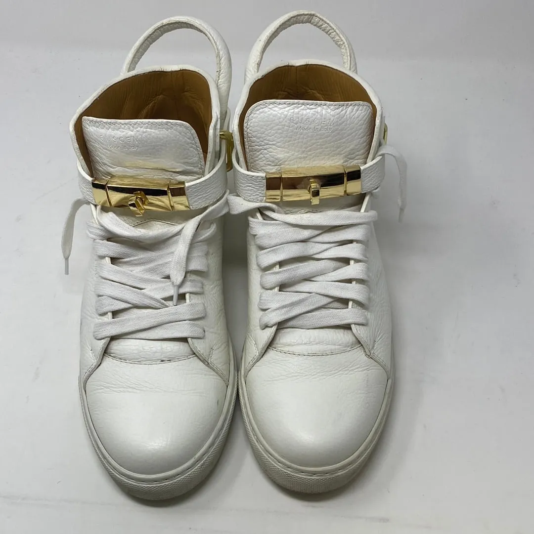 BUSCEMI White Leather Sneaker with Gold Lock and Key