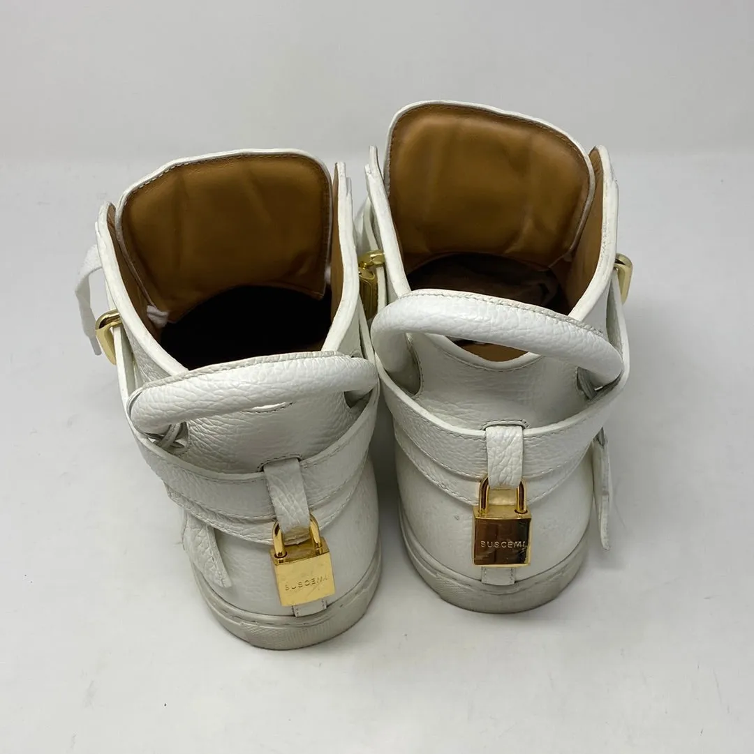 BUSCEMI White Leather Sneaker with Gold Lock and Key