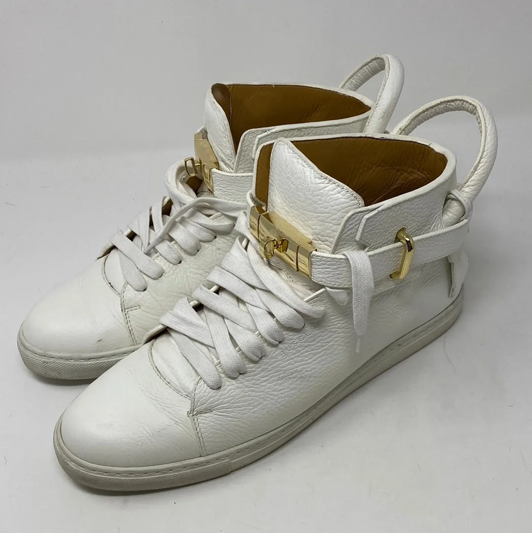 BUSCEMI White Leather Sneaker with Gold Lock and Key