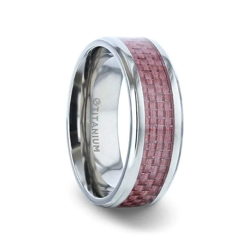 DALTON Pink Carbon Fiber Inlaid Titanium Men's Wedding Ring Beveled Edges 8mm