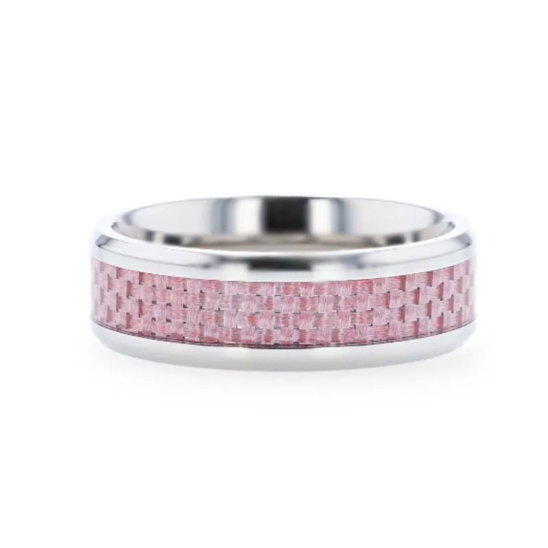 DALTON Pink Carbon Fiber Inlaid Titanium Men's Wedding Ring Beveled Edges 8mm