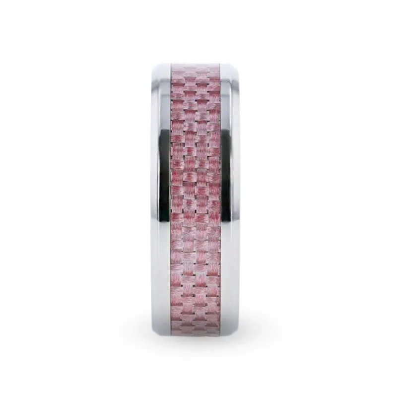 DALTON Pink Carbon Fiber Inlaid Titanium Men's Wedding Ring Beveled Edges 8mm