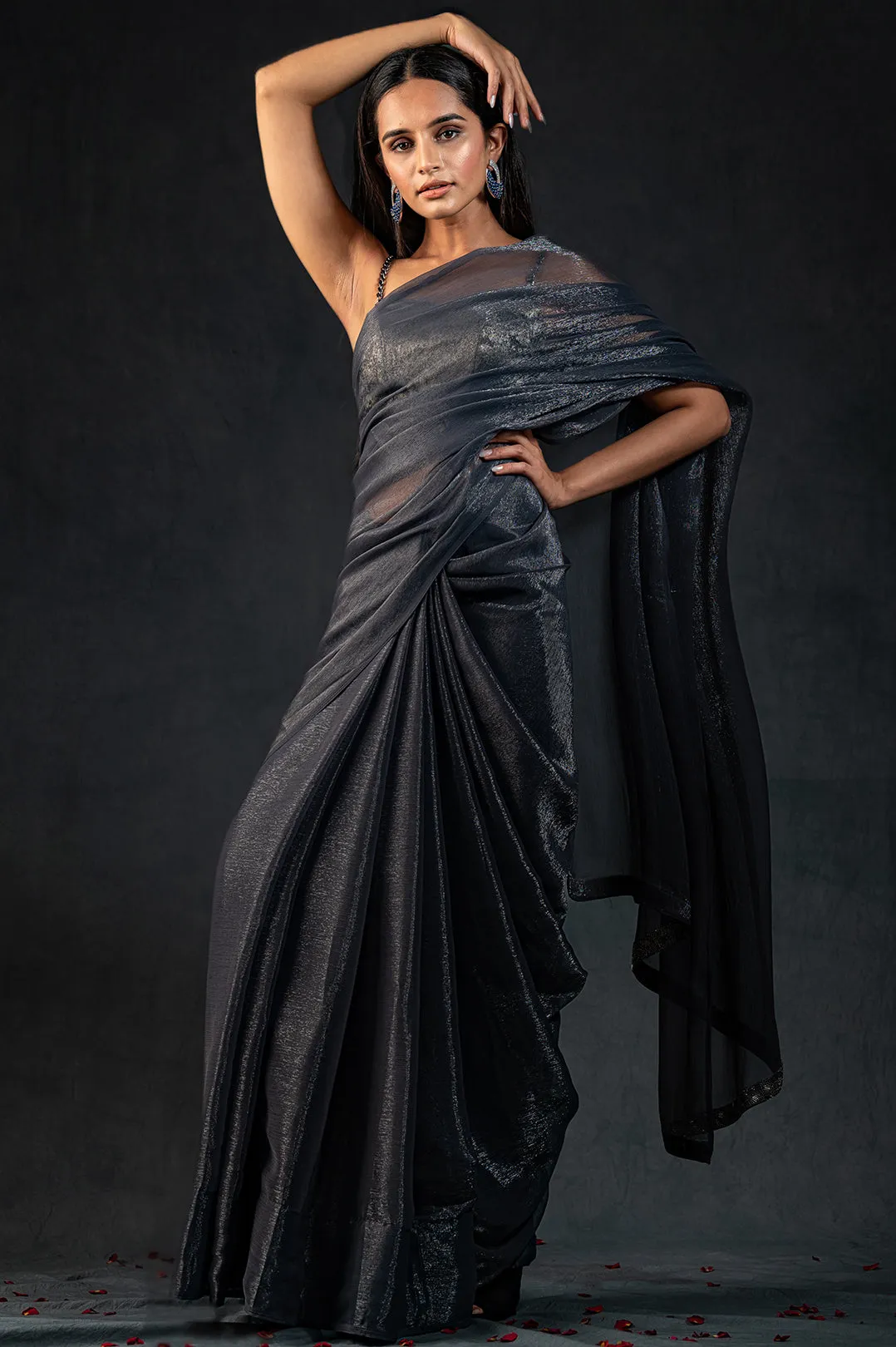 Dual Shade Grey Shimmer Silver Chiffon Saree