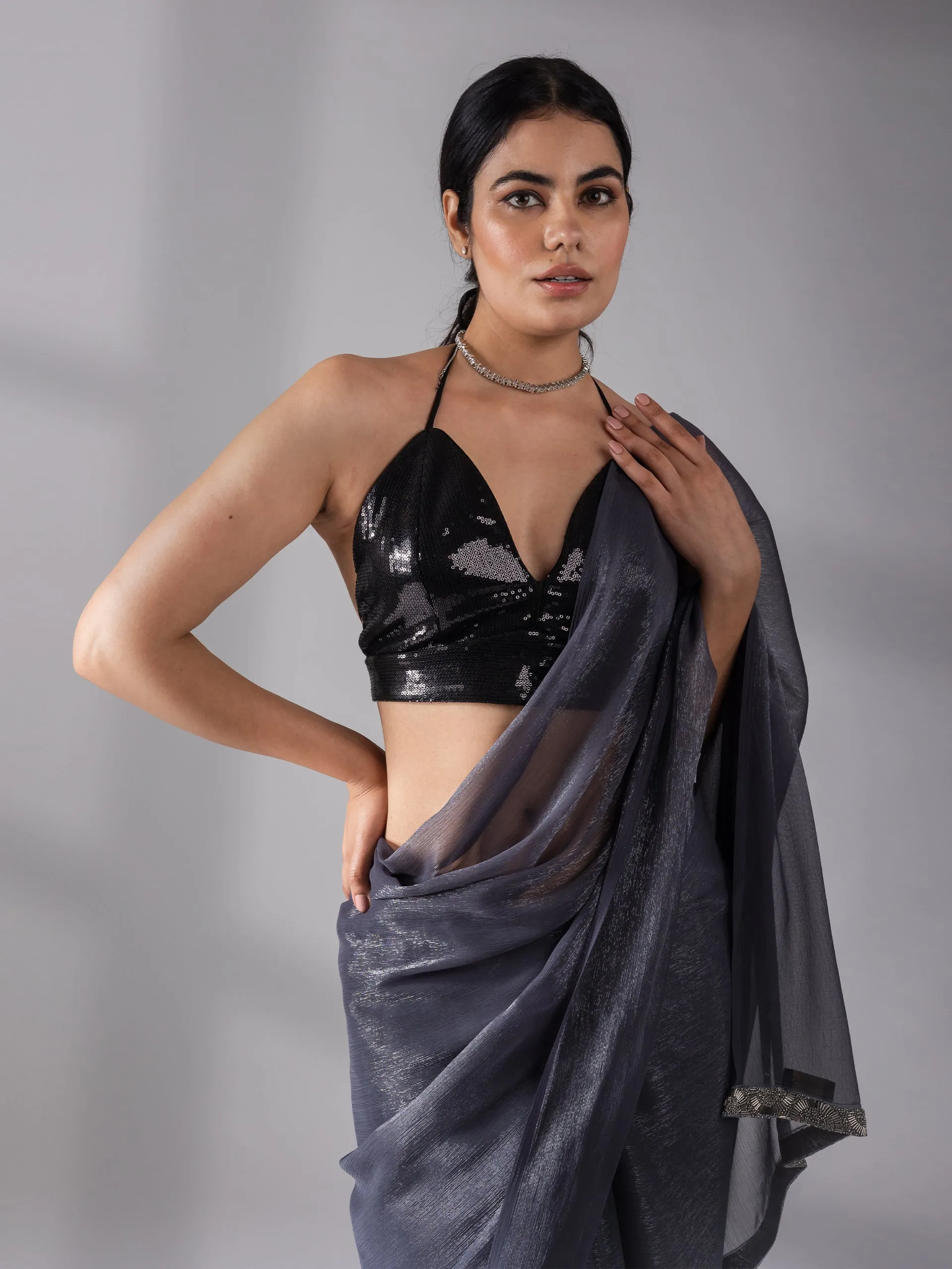 Dual Shade Grey Shimmer Silver Chiffon Saree