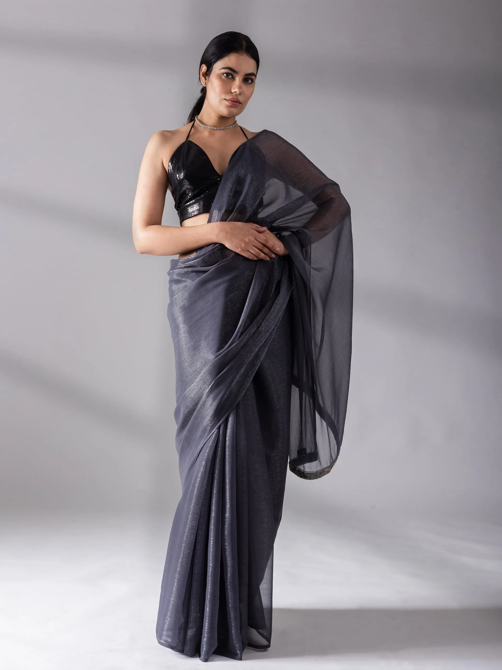 Dual Shade Grey Shimmer Silver Chiffon Saree