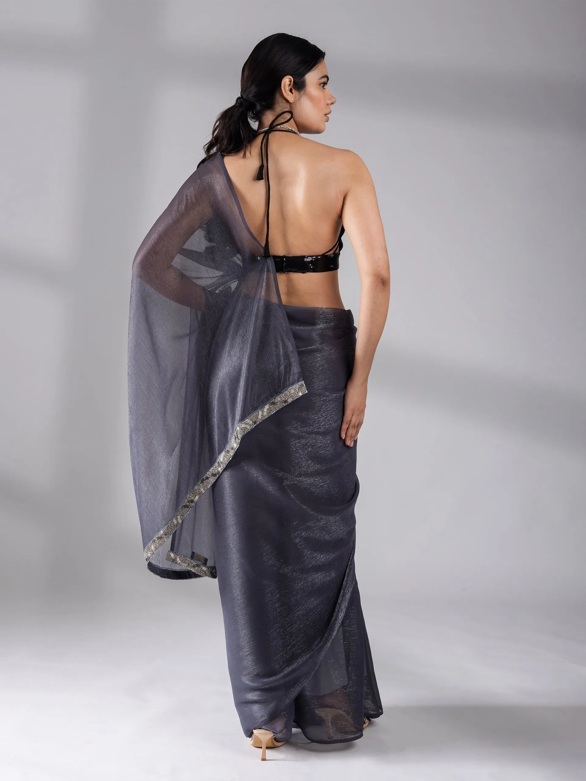 Dual Shade Grey Shimmer Silver Chiffon Saree