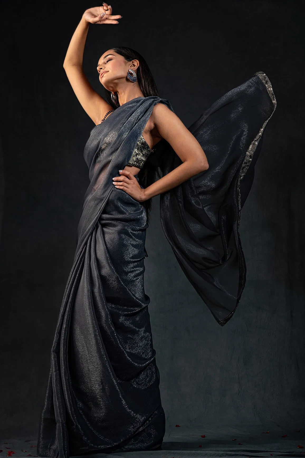 Dual Shade Grey Shimmer Silver Chiffon Saree