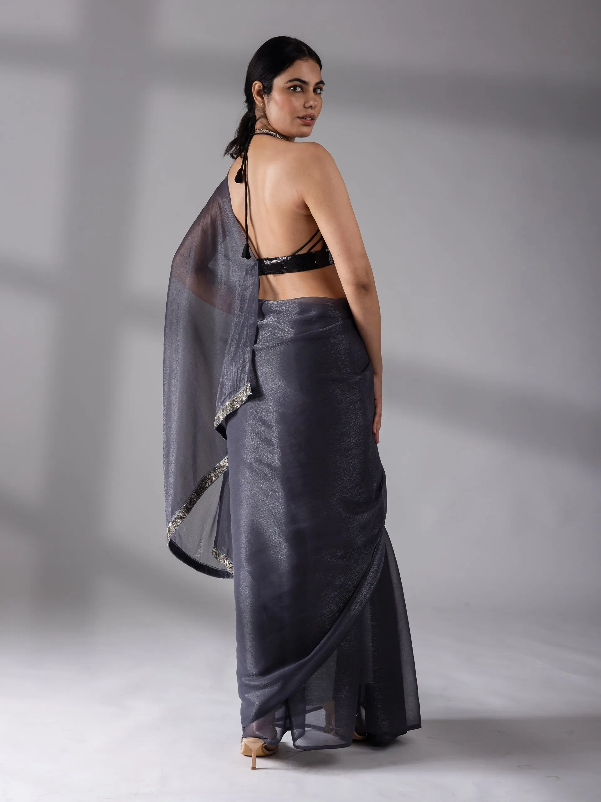 Dual Shade Grey Shimmer Silver Chiffon Saree