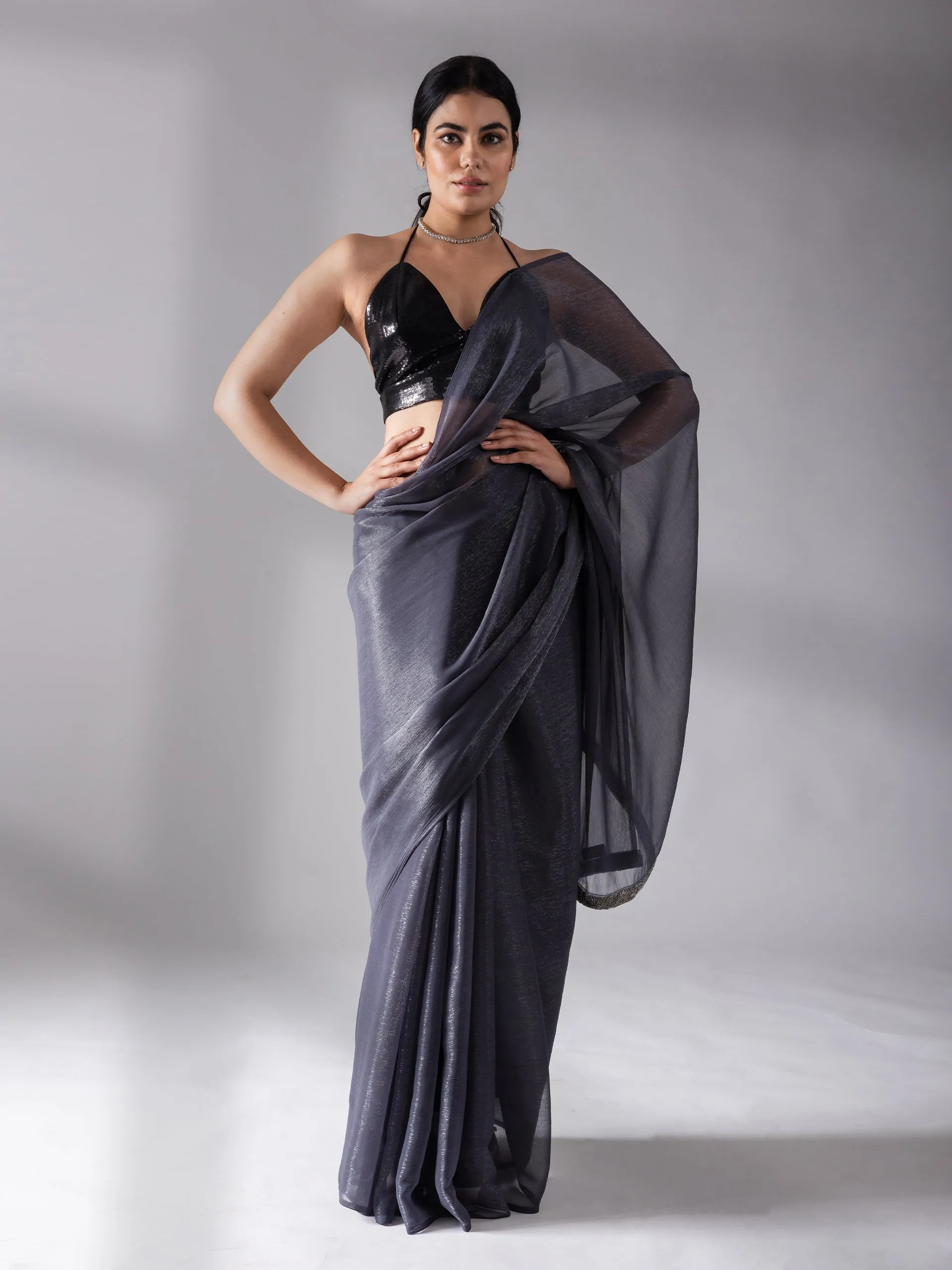 Dual Shade Grey Shimmer Silver Chiffon Saree
