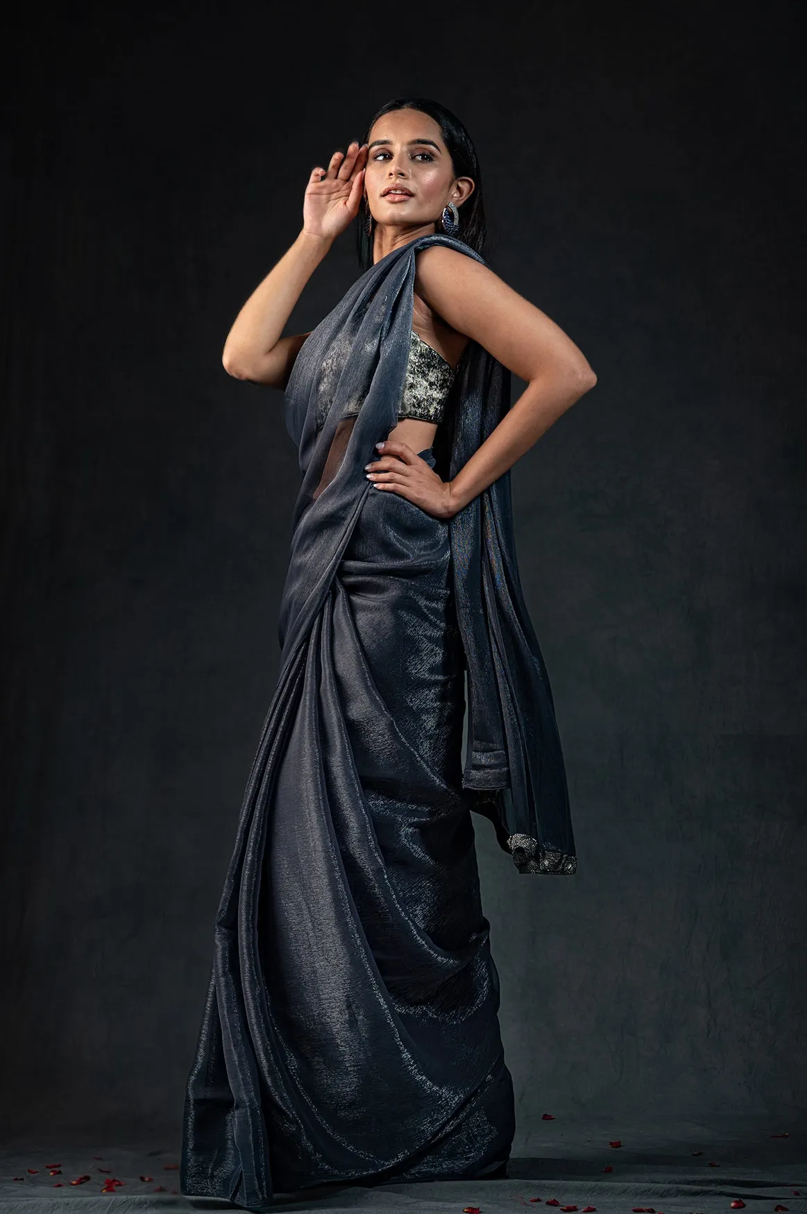 Dual Shade Grey Shimmer Silver Chiffon Saree